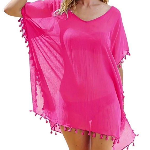 Boho Pink Sheer Summer Cover-Up with Ball Tassel Detail One Size New! - Picture 2 of 9